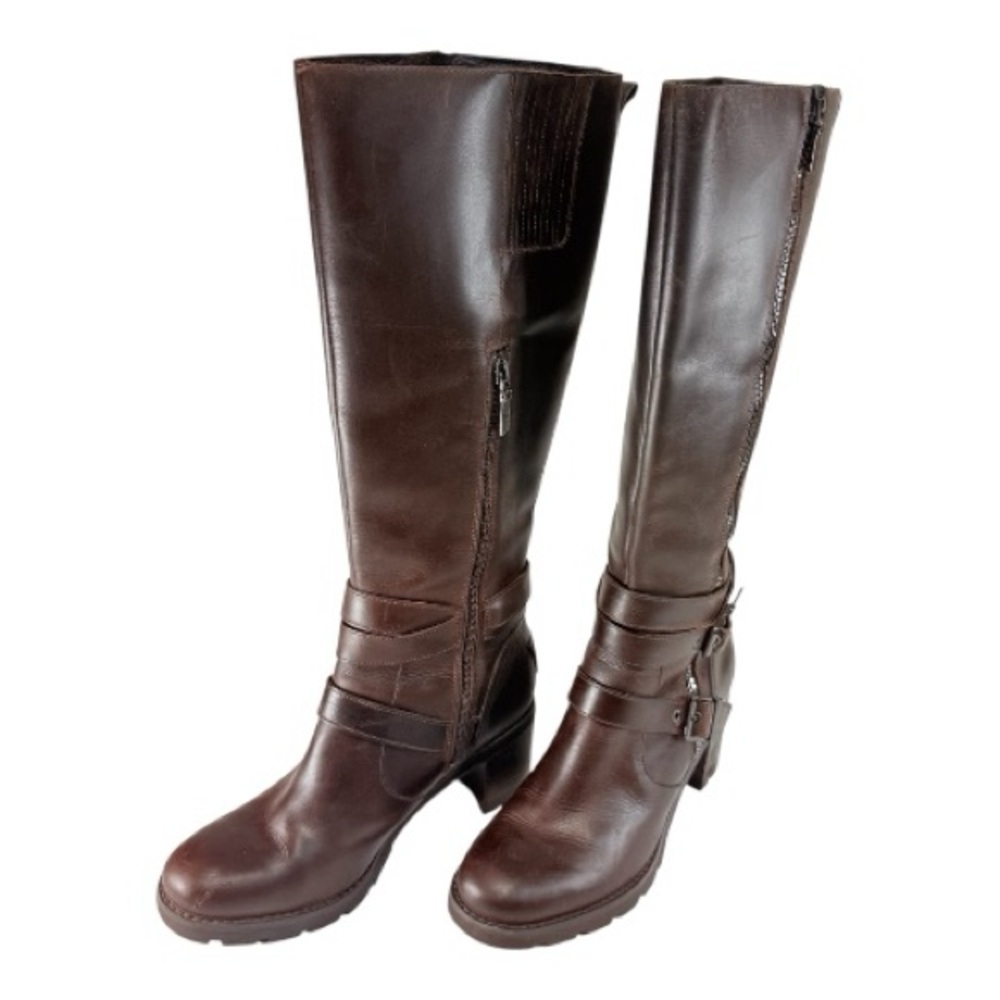 UGG Lana Dark Brown Leather Knee High Biker Boots - Size 8